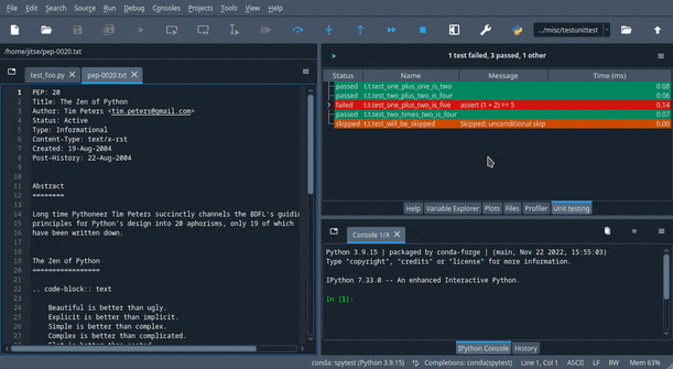 Spyder's editor displaying the source code of a test after doubling clicking on it in the Unit testing pane